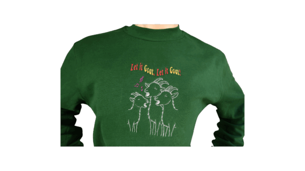 Sweater geitenboerin groen kerst let it goat geit muziek rood, geel, grijs voorkant