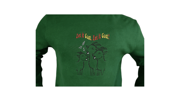 Sweater geitenboerin groen kerst let it goat geit muziek rood, geel voorkant