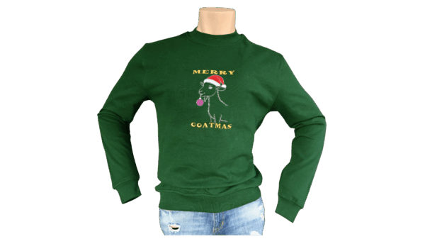 Sweater merry goatmas geitenboerin geit rood wit grijs bel muts kerst trui