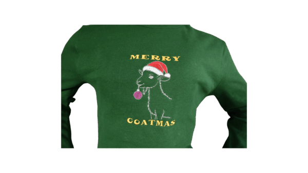 Sweater trui merry goatmas geitenboerin geit rood wit grijs bel muts kerst voorkant