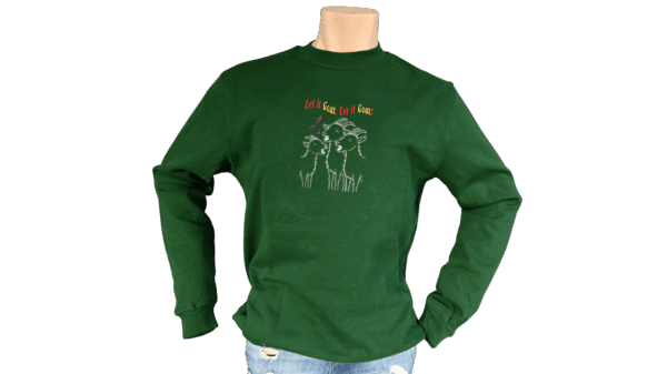 Sweater trui geitenboerin groen kerst let it goat geit muziek rood, geel, grijs